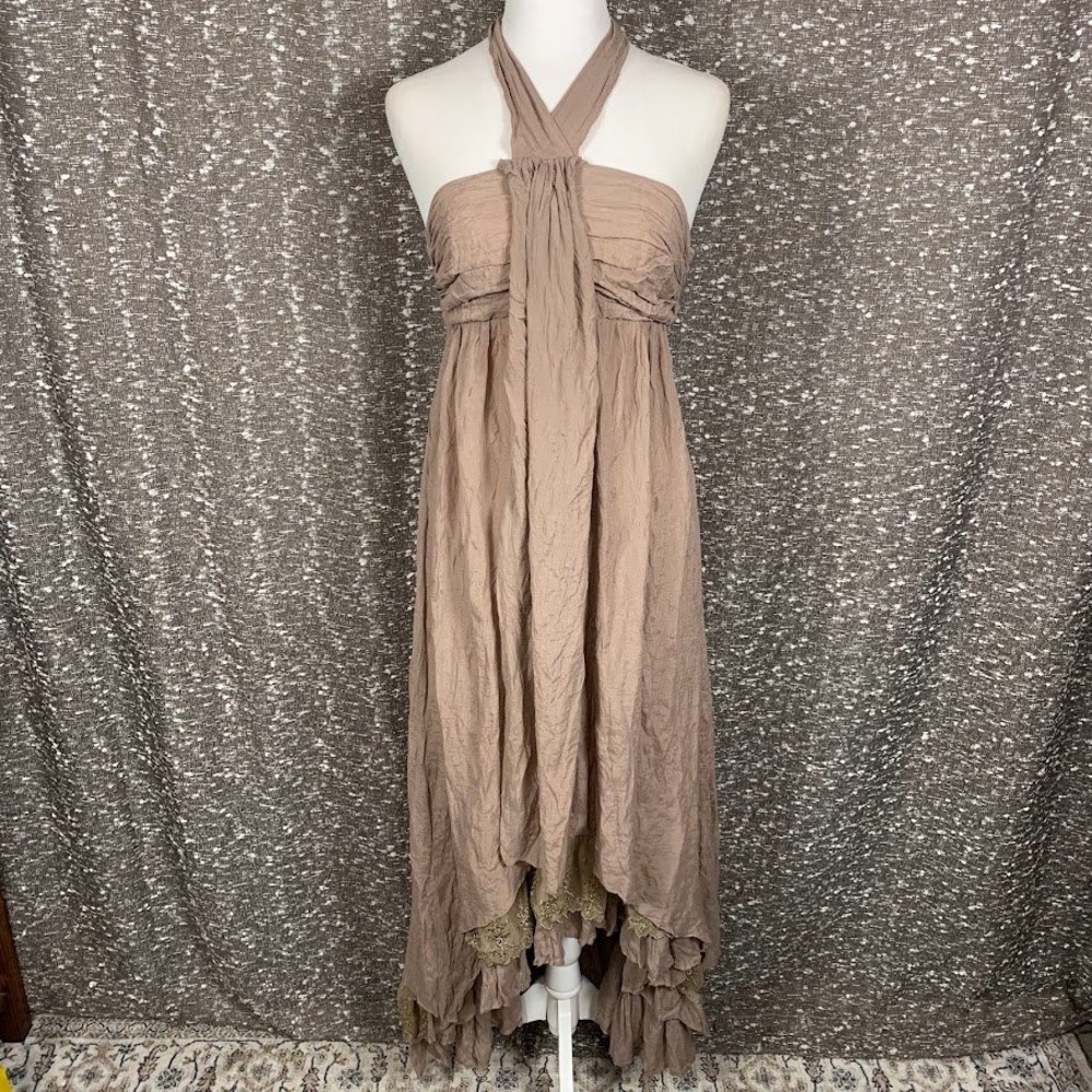 DejaVu Halter High Low Lace Trim Dress Taupe Boho Fairy Whimsigoth Women's Small